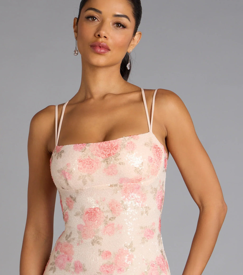 Rosé All Day Floral Lace-Up Sequin Mini Dress