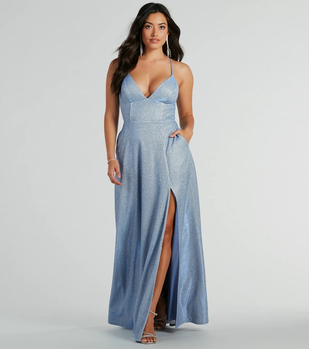 Mary Lace Up A-Line Glitter Formal Dress With Pockets