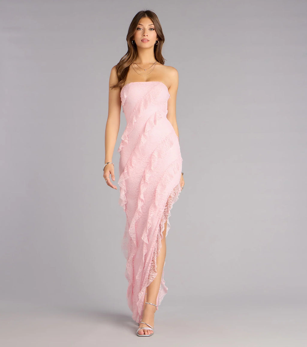Ellie Ruffled Lace High Slit Formal Dress