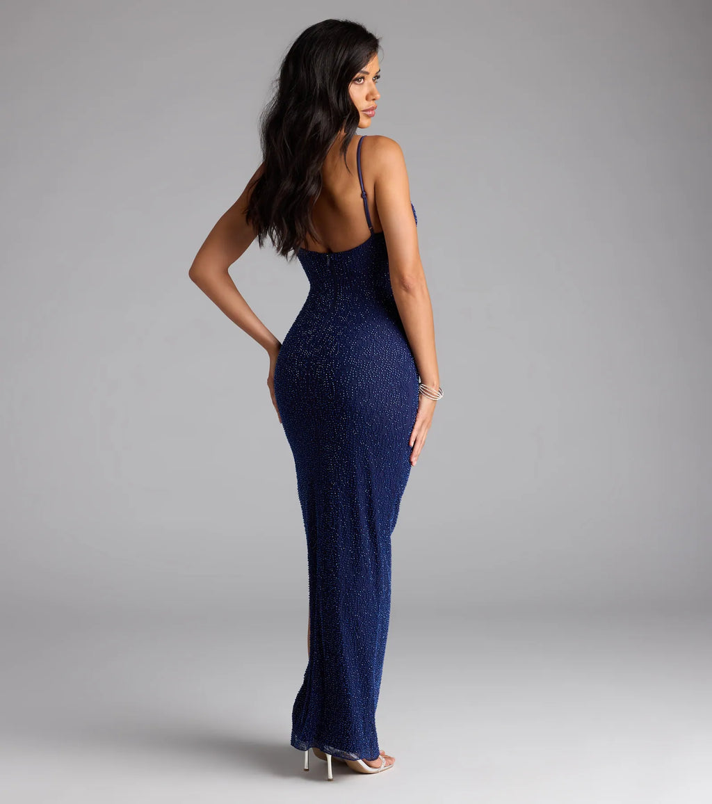 Aiza V-Neck Slit Beaded Formal Dress