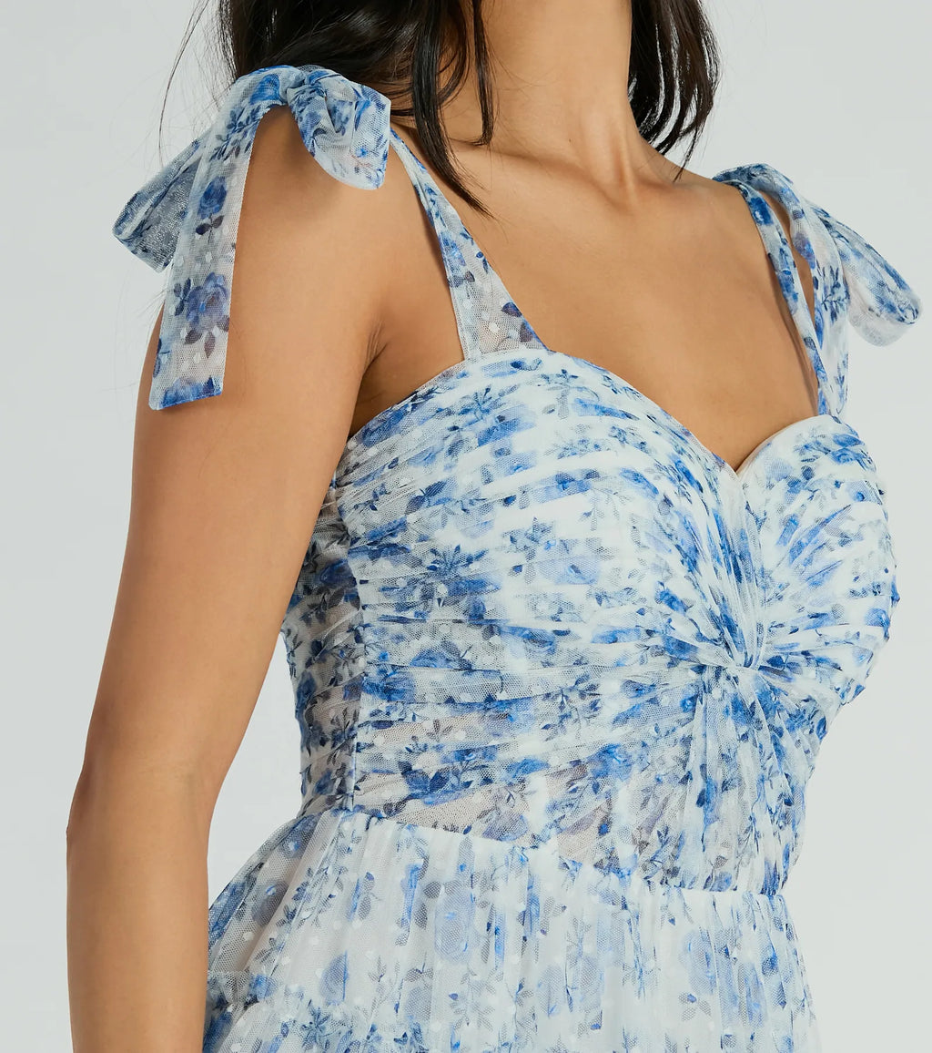 Brynne Formal Floral Mesh Ruffled Skater Dress