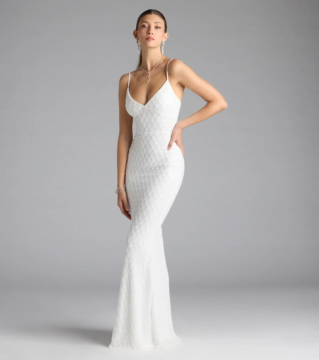 Kaylie V-Neck Bodycon Sequin Bead Formal Dress