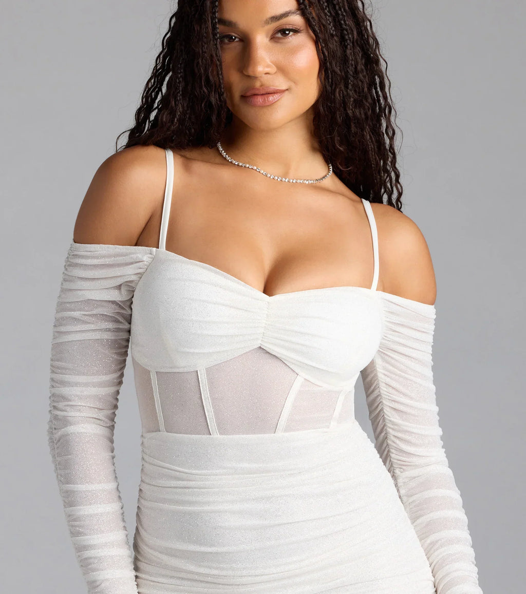 See Me Shining Glitter Off-The-Shoulder Mini Dress