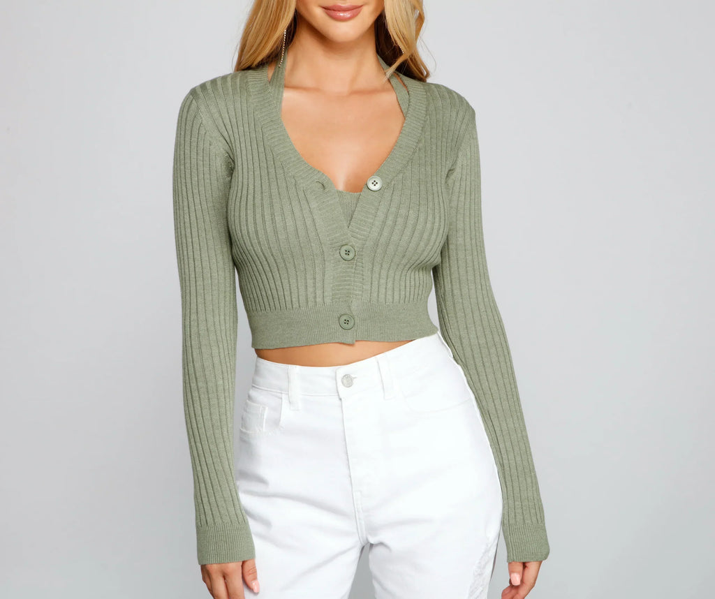 Basic Ribbed Knit Cropped Cardigan