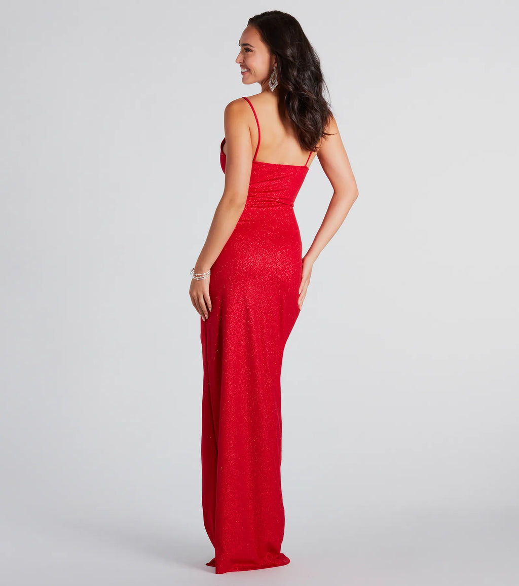 Shelly High Slit Glitter Knit Formal Dress