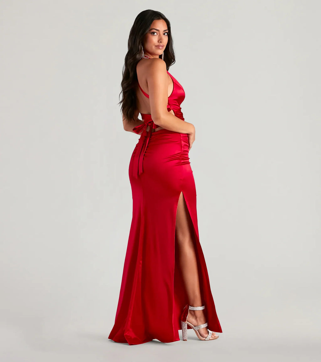 Jamie Lace-Up Satin Formal Column Dress
