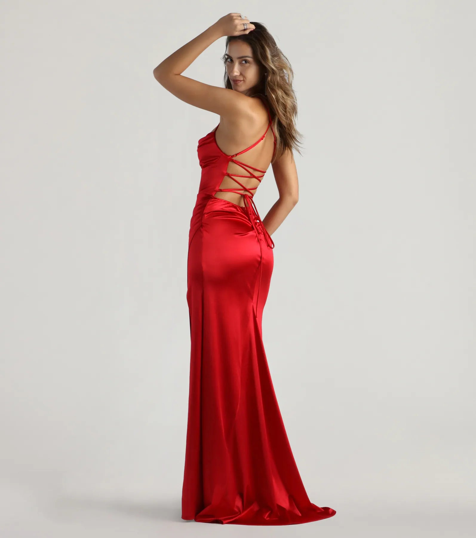 Melinda Satin Lace-Up Formal Dress