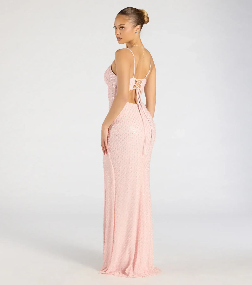 Valeria Cutout Lace-Up Sequin Beaded Formal Dress