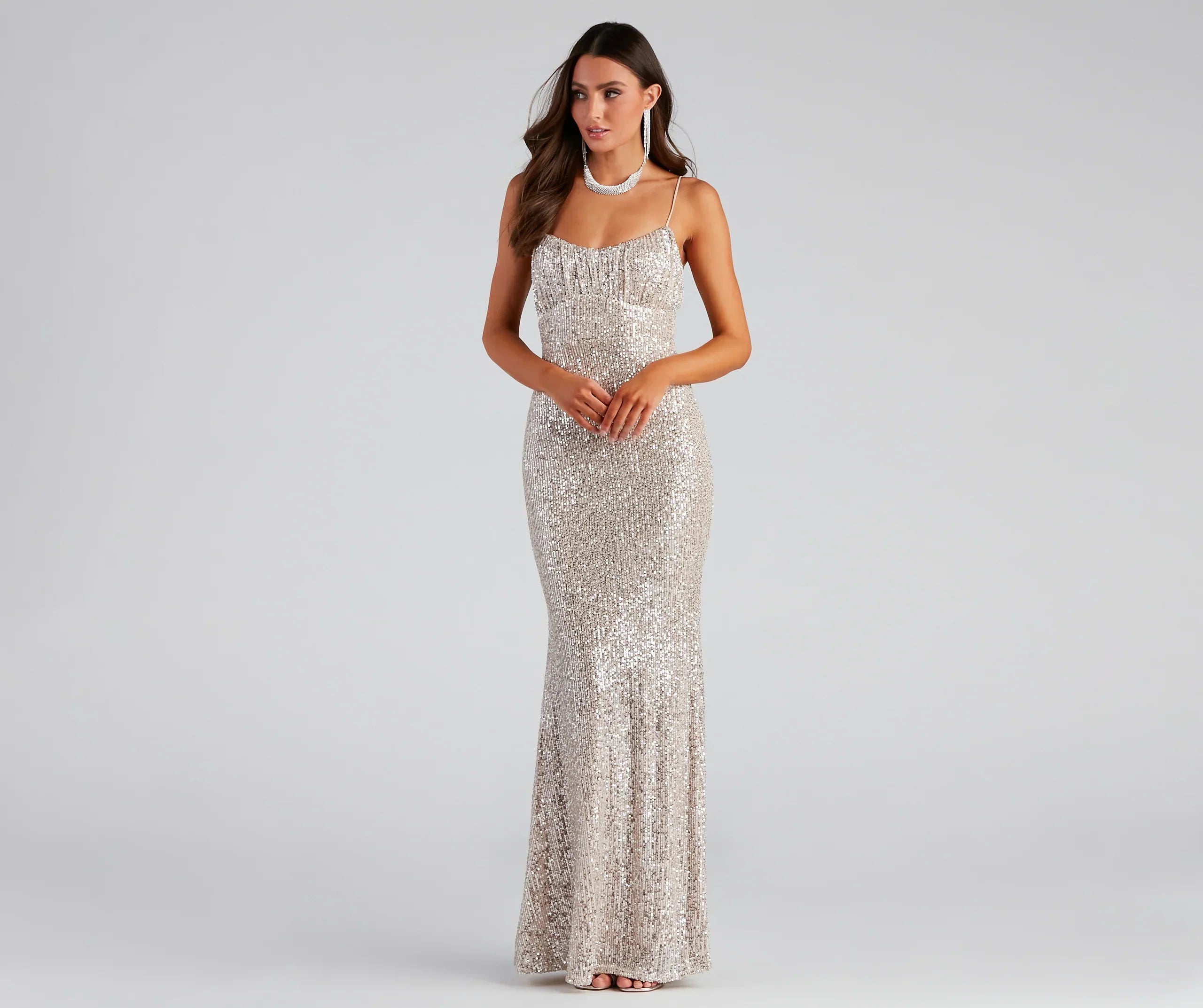 Arely Formal Sequin Scoop Neck Long Dress