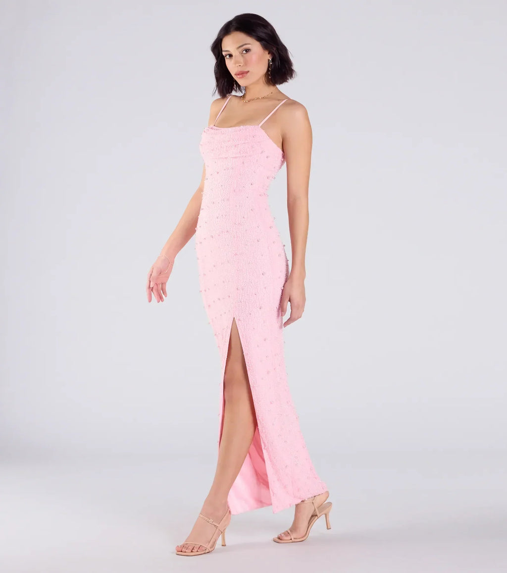 Klara Cowl Neck Faux Pearl Bead Column Dress