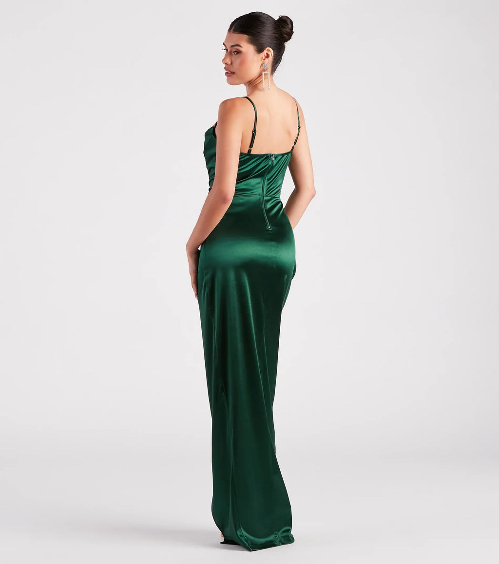 Julie Formal Satin Cowl Neck Wrap Dress