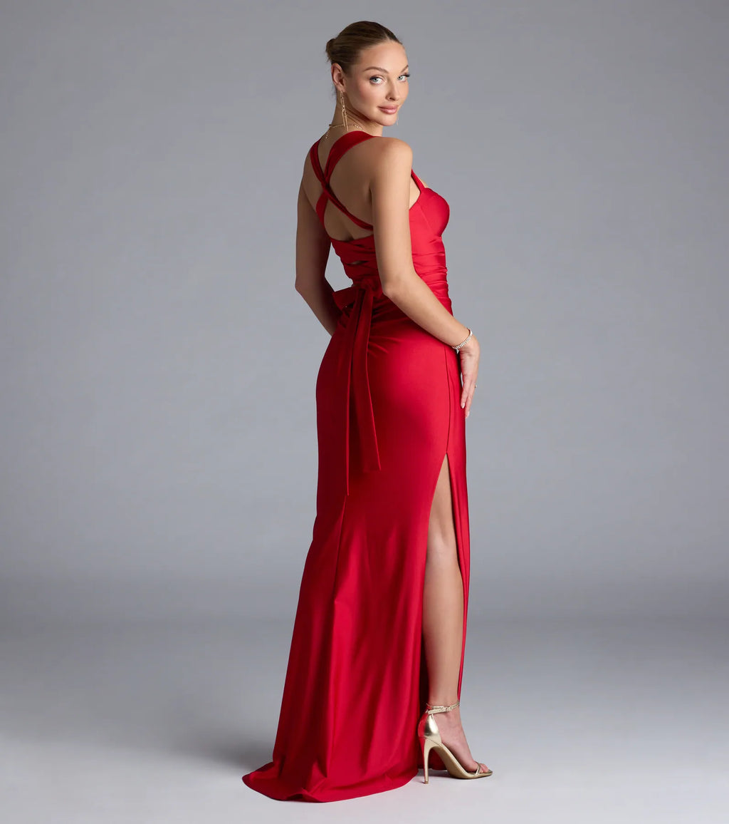 Whitney Lace-Up Slit Formal Dress