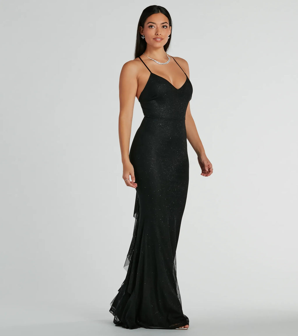 Elowyn Ruffle-Back Glitter Mesh Mermaid Dress