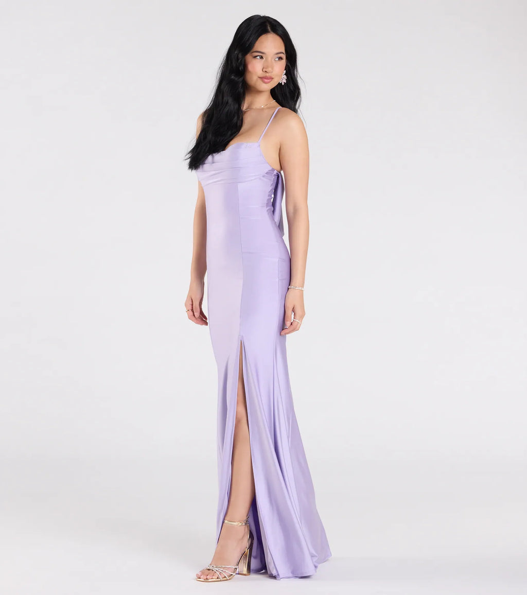Lizzie Lace-Up Cowl Back Slit Formal Dress