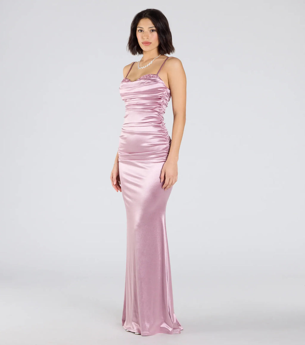 Shondra Sweetheart Applique Satin Mermaid Dress