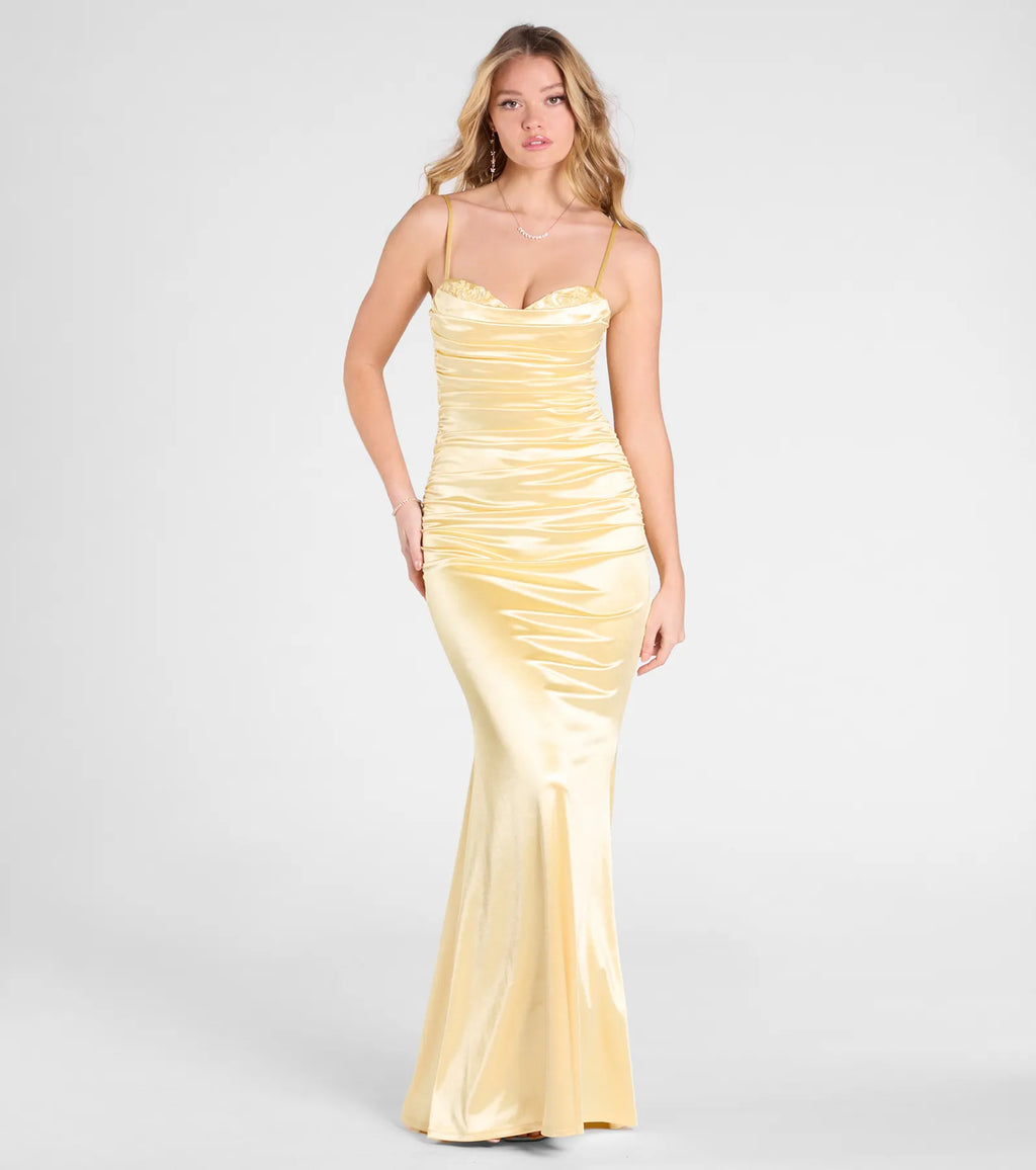 Shondra Sweetheart Applique Satin Mermaid Dress
