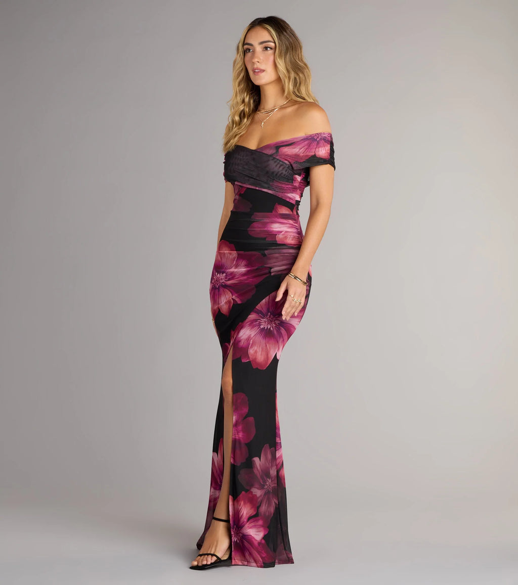 Cornelia Off-The-Shoulder Slit Floral Formal Dress