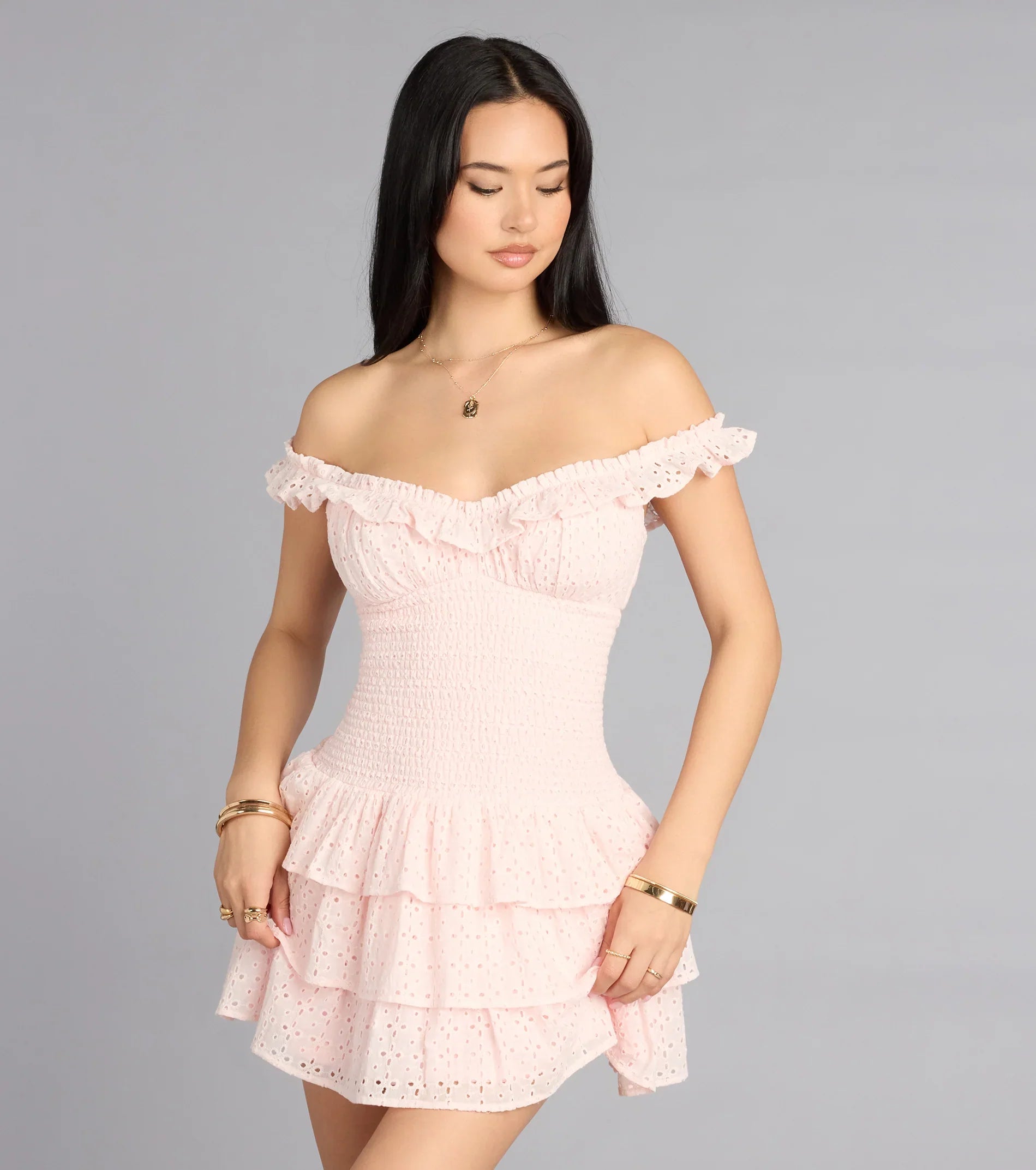 Sweet Plans Eyelet Off-The-Shoulder Skater Dress