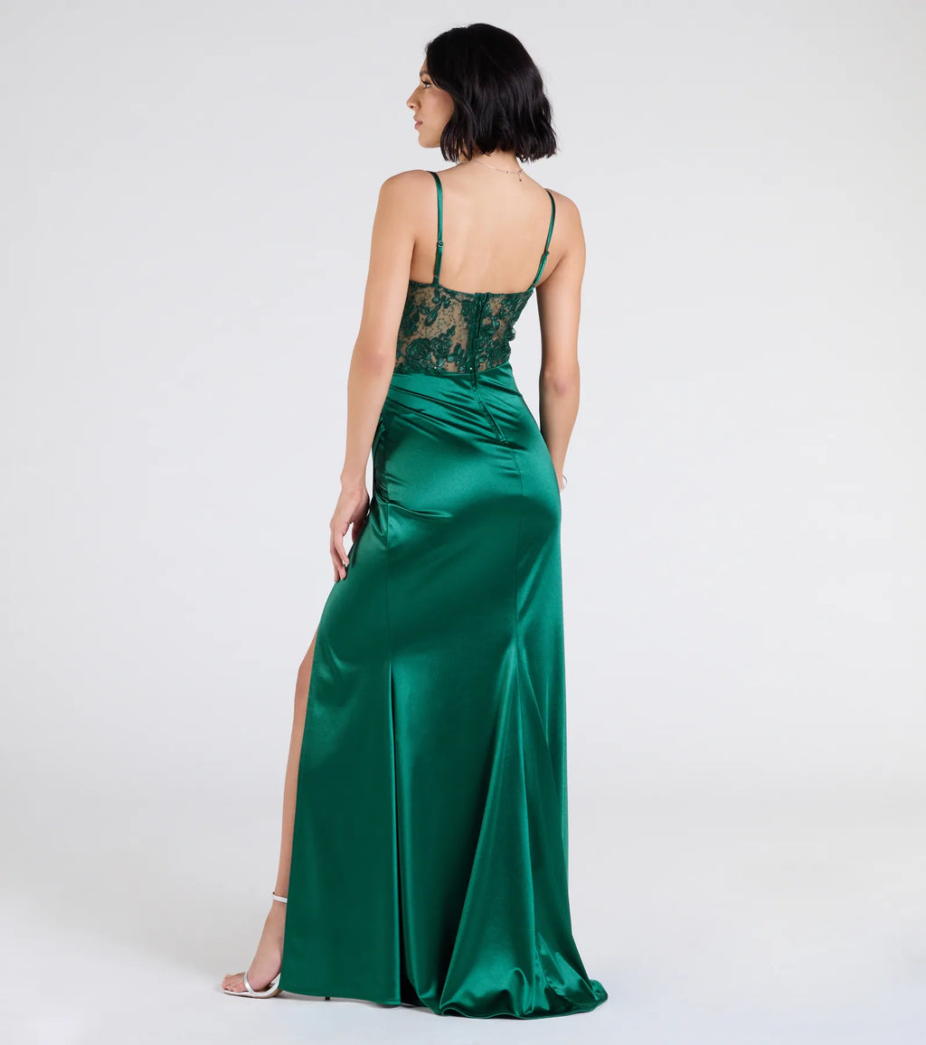Lucia Lace Corset Slit Satin Formal Dress