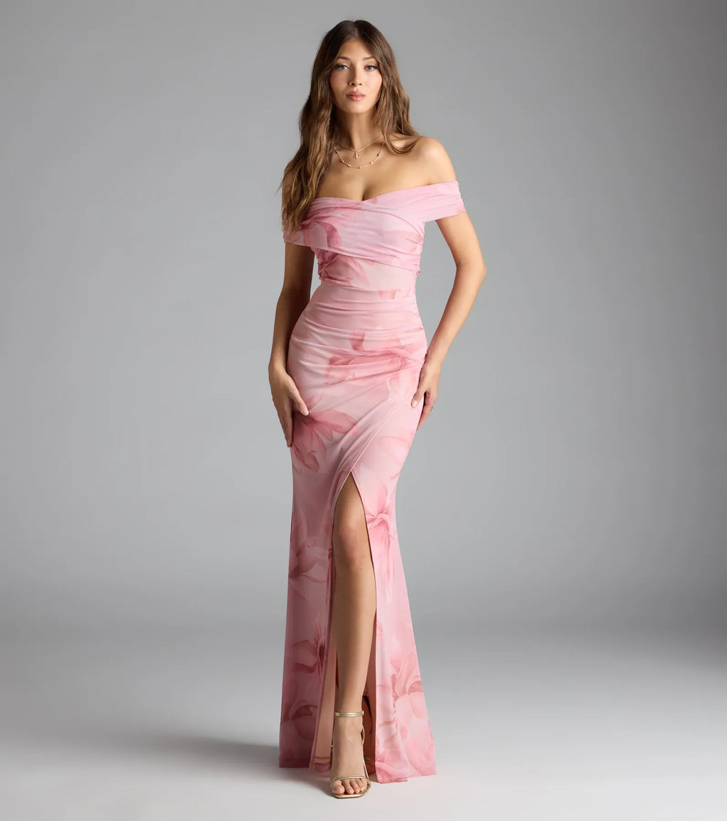 Cornelia Off-The-Shoulder Slit Floral Formal Dress