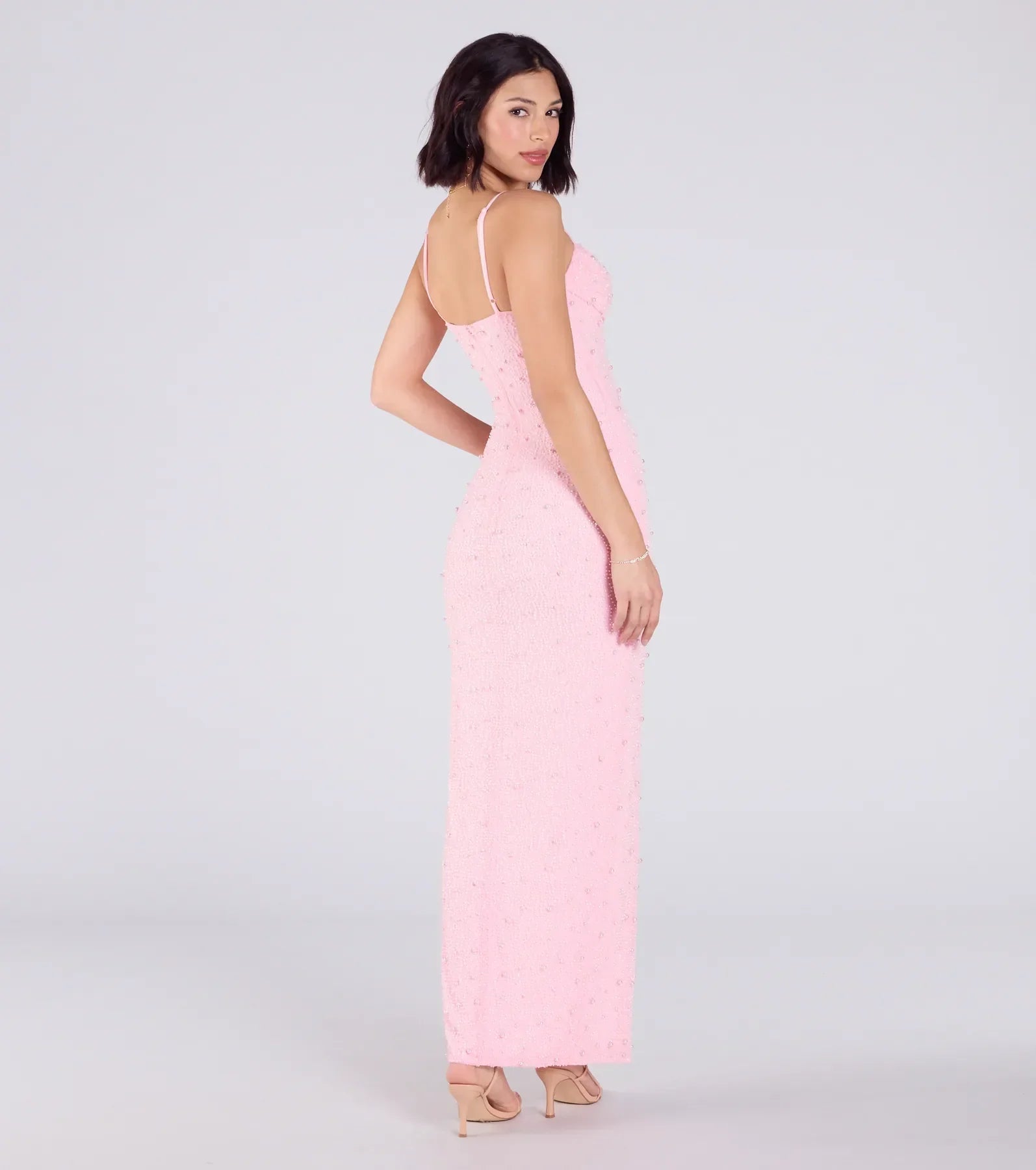 Klara Cowl Neck Faux Pearl Bead Column Dress