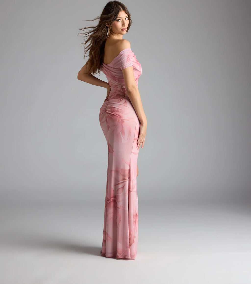 Cornelia Off-The-Shoulder Slit Floral Formal Dress