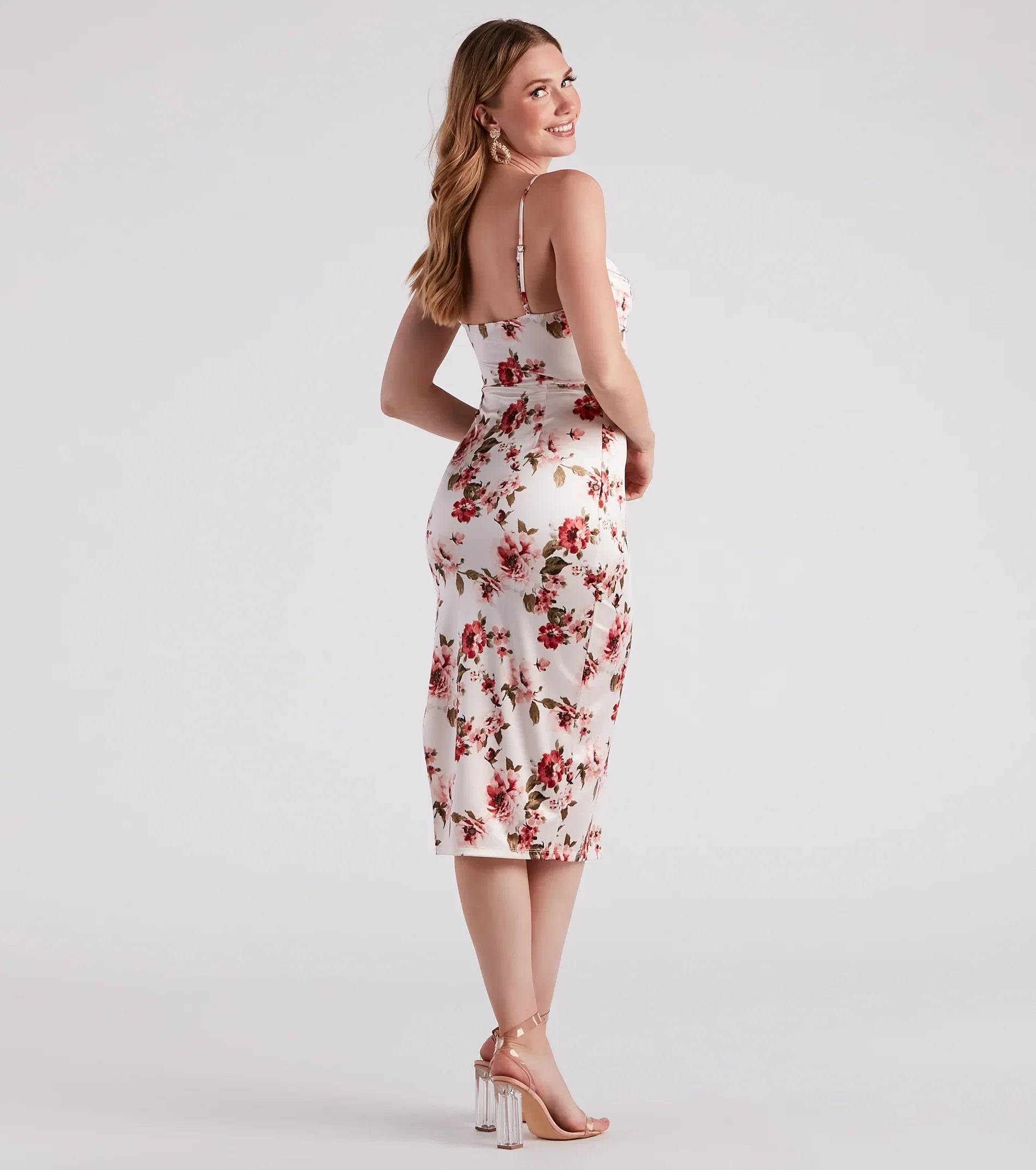 Framed In Floral Satin Midi Dress