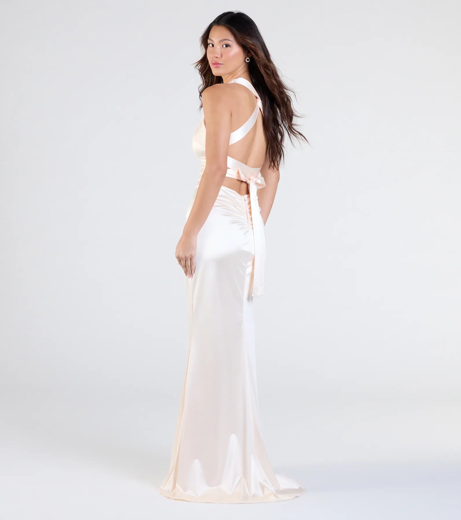 Jamie Lace-Up Satin Formal Column Dress