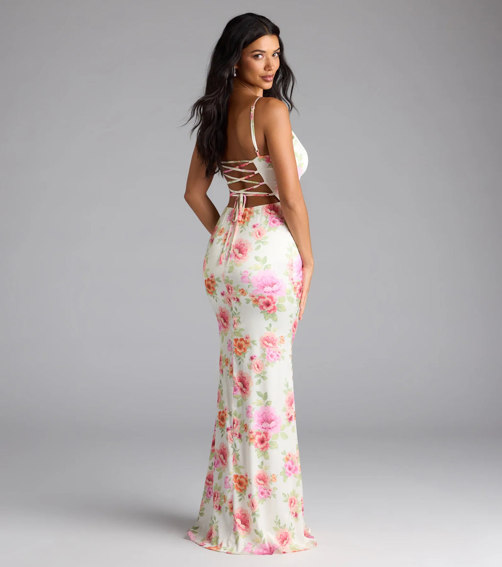 Emely Lace-Up Mermaid Floral Satin Formal Dress
