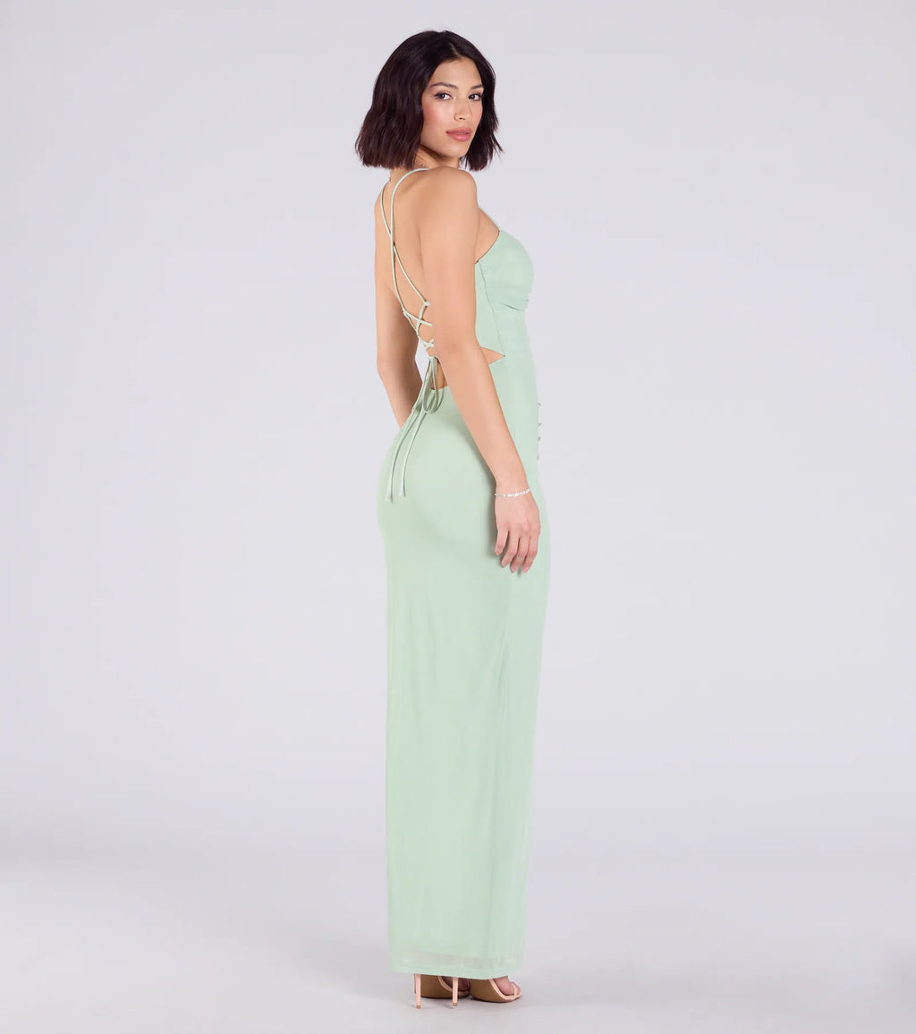 Chloe Lace-Up Ruched Column Formal Dress