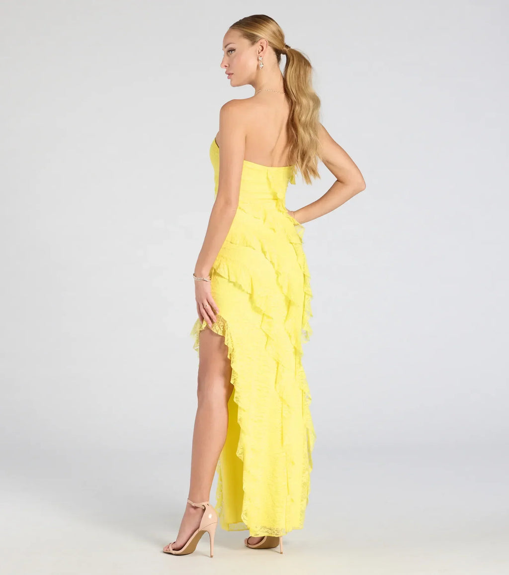 Kellie Strapless Ruffled Slit Lace Formal Dress