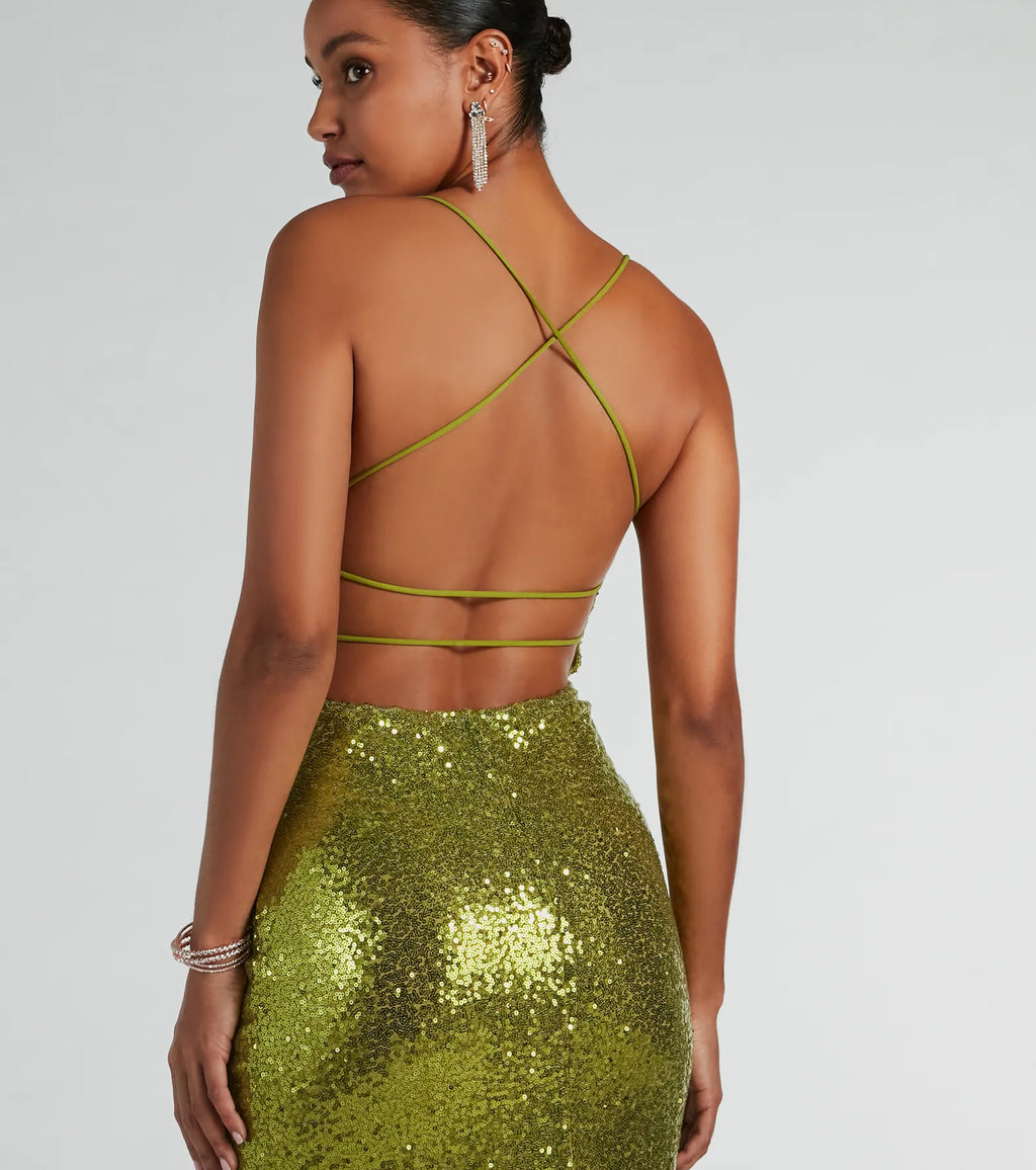 Jennifer Strappy Back High Slit Sequin Formal Dress