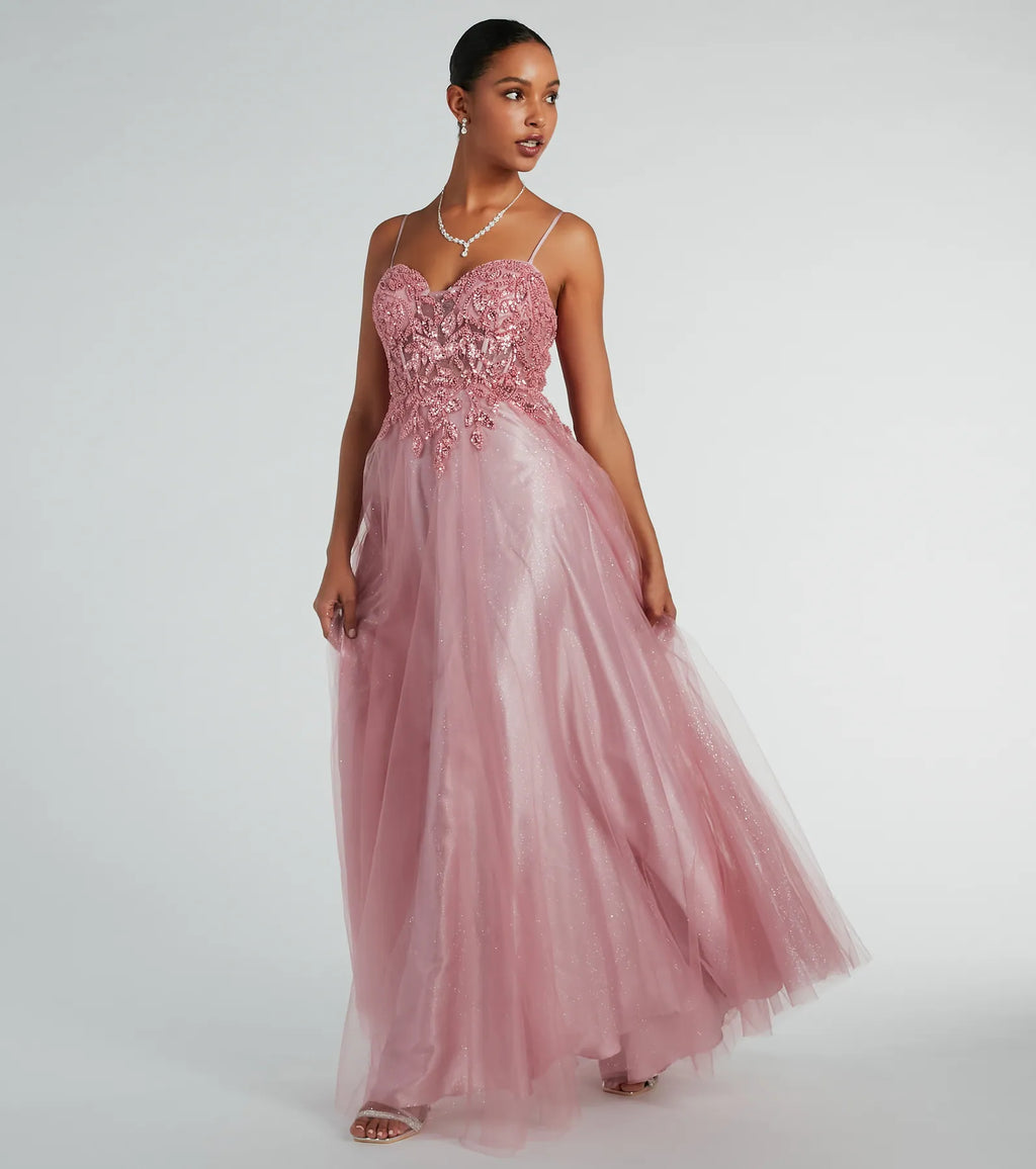 Aila Sweetheart Beaded A-Line Glitter Formal Dress