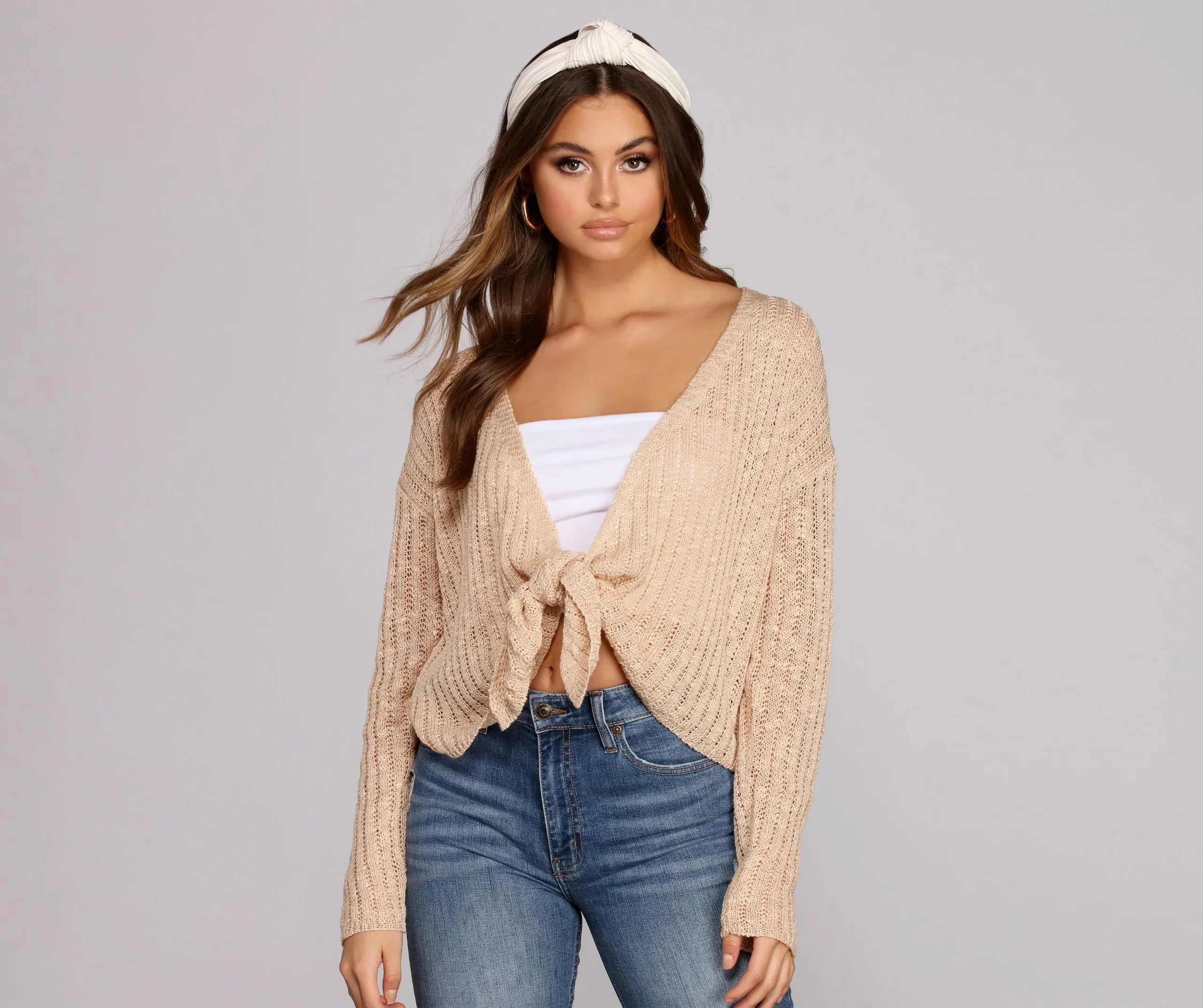 Keeping Knit Cozy Tie Front Sweater