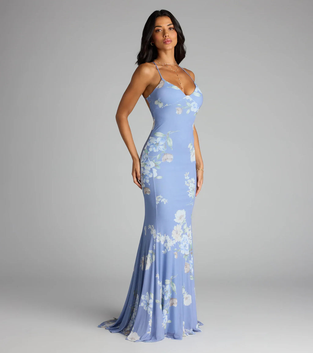 Pascha Strappy Open Back Mermaid Floral Formal Dress