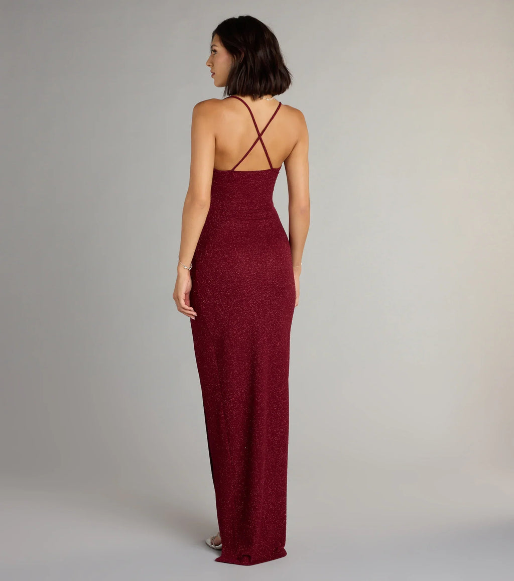 Amirah Formal Glitter Cowl Neck Column Dress