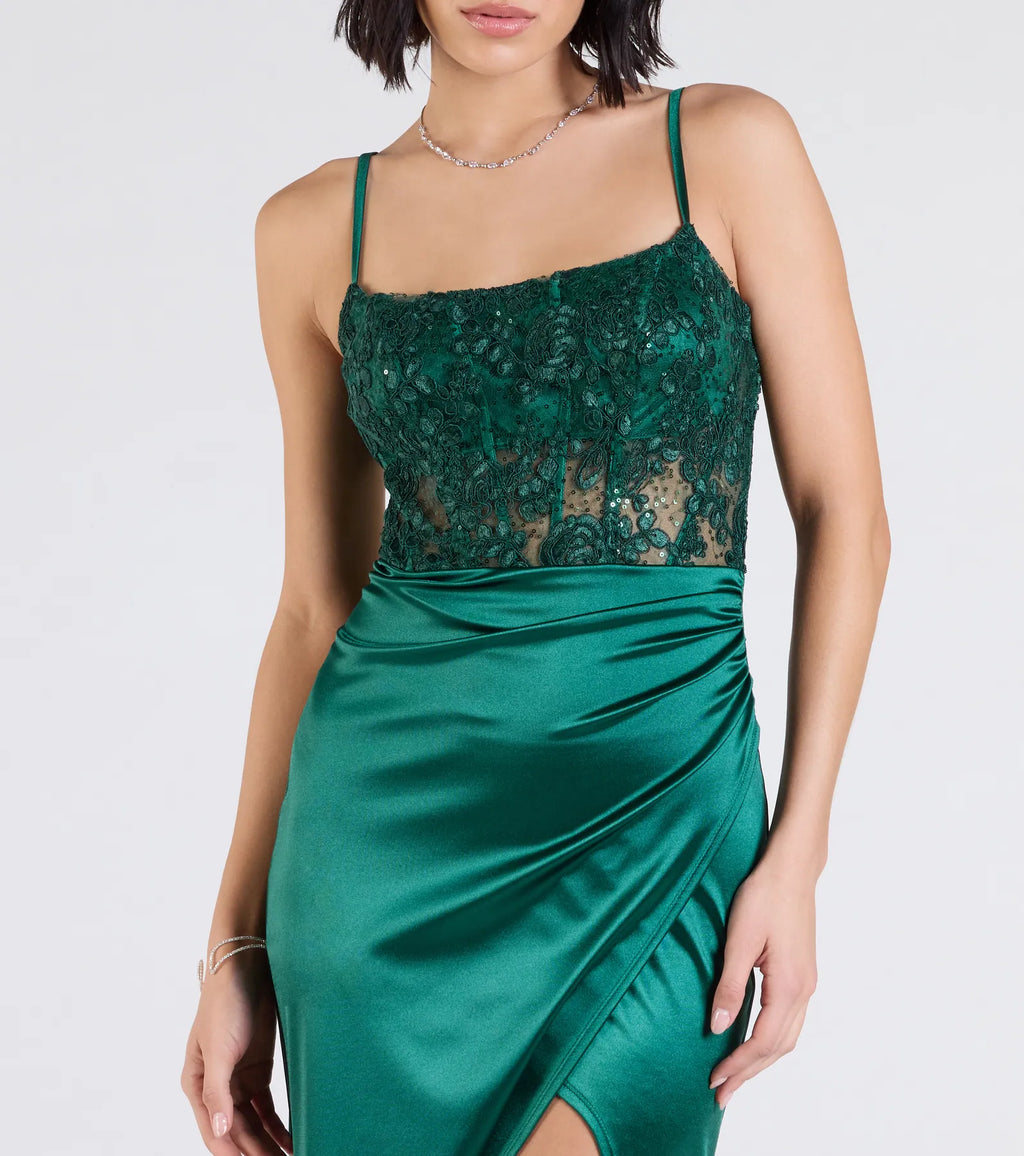 Lucia Lace Corset Slit Satin Formal Dress