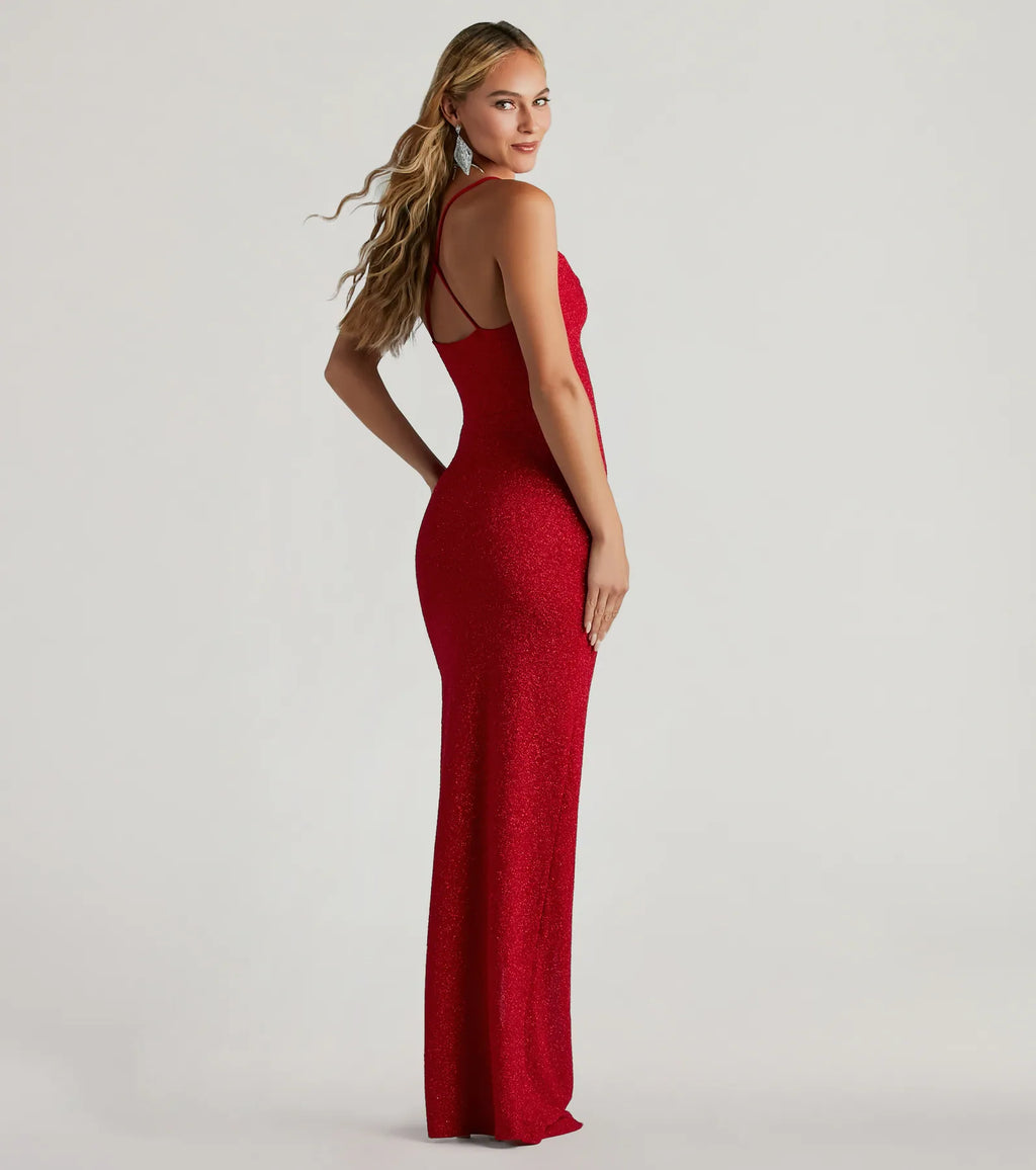 Amirah Formal Glitter Cowl Neck Column Dress