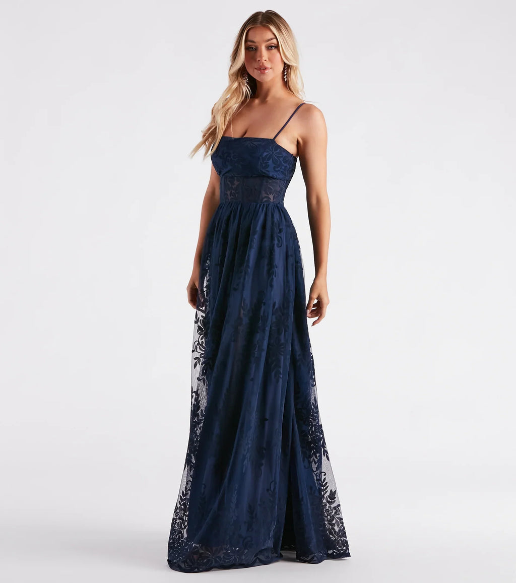 Carmelle Formal Flocked Mesh A-Line Dress