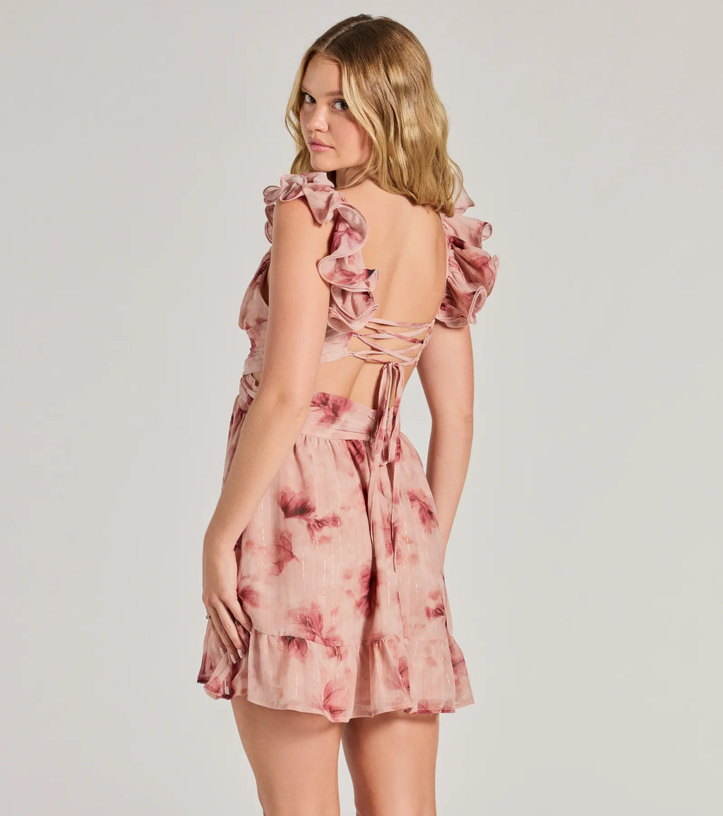 Marvelous Darling Lace-Up Floral Chiffon Dress