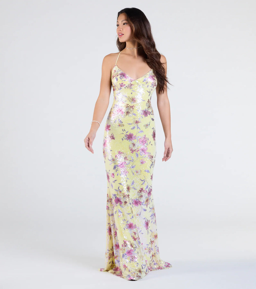 Sierra Lace-Up Floral Sequin Formal Dress