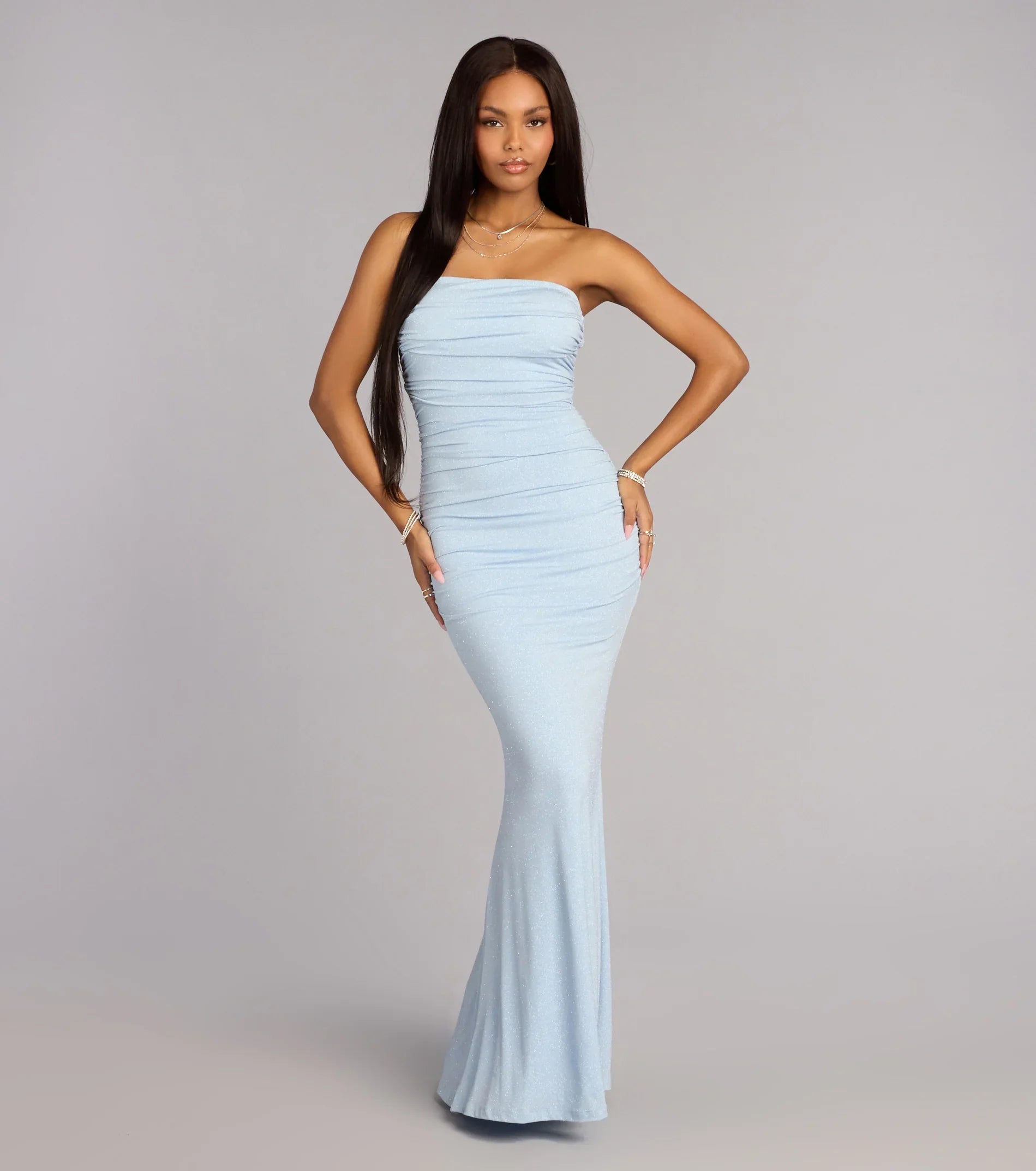 Mischka Strapless Mermaid Glitter Formal Dress