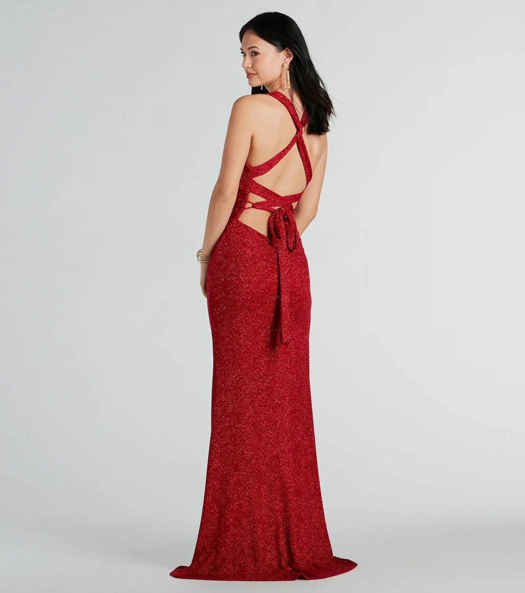 Kat Formal Glitter Lace-Up Column Dress